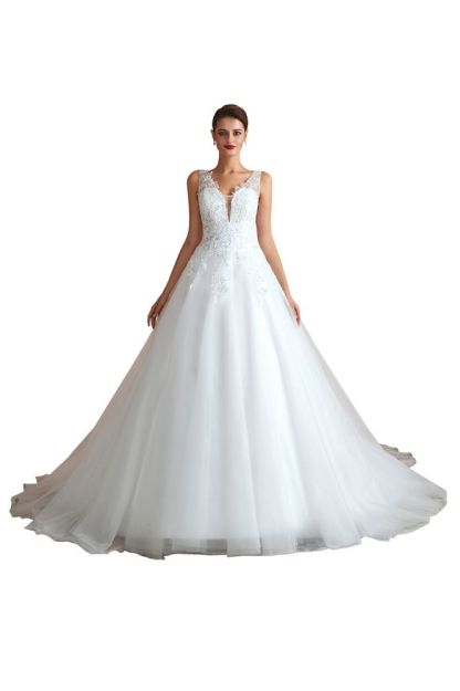 Carly | Sexy Pluging V-neck Ball Gown Wedding Dress with Chapel Train, Affordable Bridal Gowns with see-through Lace Back-Babyonlinewholesale