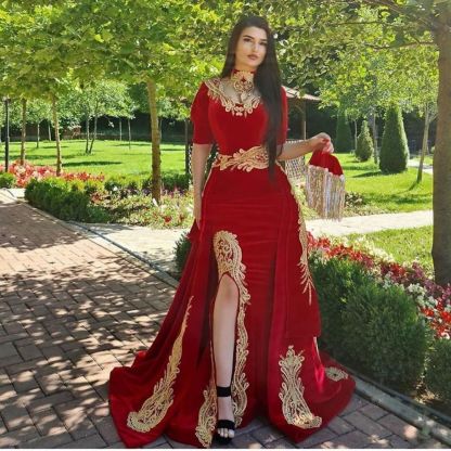 Gorgeous Halter Red Velvet Mermaid Evening Gown with Gold Appliques Half Sleeves