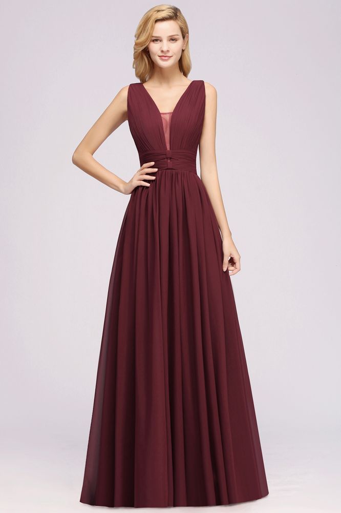A-Line Chiffon V-Neck Sleeveless Long Bridesmaid Dress with Ruffles