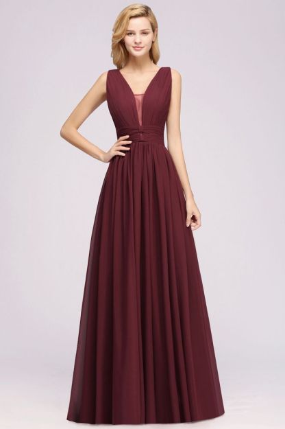 A-Line Chiffon V-Neck Sleeveless Long Bridesmaid Dress with Ruffles