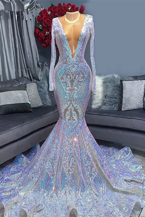 V-neck Long sleeves Shiny Sequin Prom Dresses