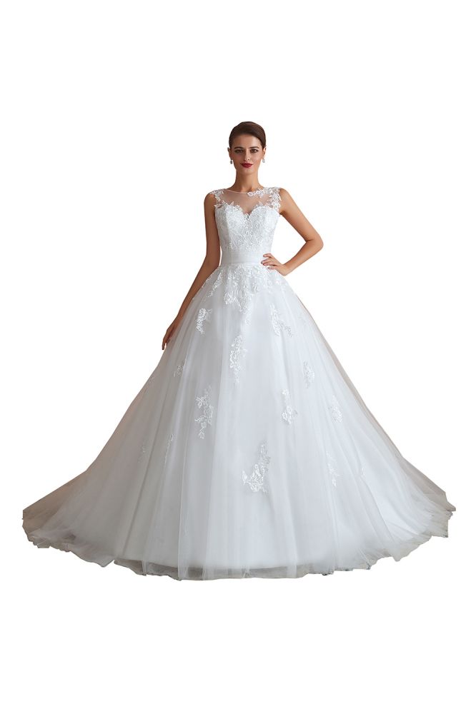 Cain | Illusion Neck White Wedding Dress with exqusite Lace Appliques, Sleeveless V-back Bridal Gowns Online-Babyonlinewholesale