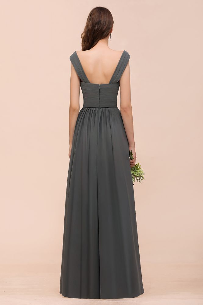 Grey Cap Sleeves 100D Chiffon Long Evening Dress with Side Slit