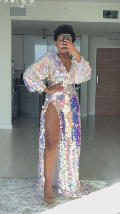 Sexy Sparkly Sequined Side Split Prom Dress Long Sleeves Party Dress