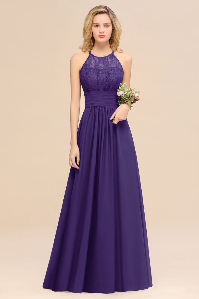 Purple Elegant Halter Hollow Lace Aline Maid of Honor Dress Floor Length Chiffon Bridesmaid Dress