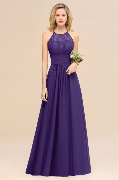 Purple Elegant Halter Hollow Lace Aline Maid of Honor Dress Floor Length Chiffon Bridesmaid Dress