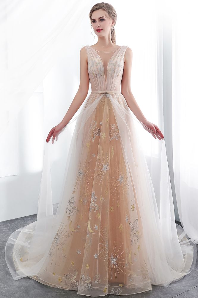 NANETTE | A-line Sleeveless Long Tulle Appliques Champangne Evening Dresses with Sash