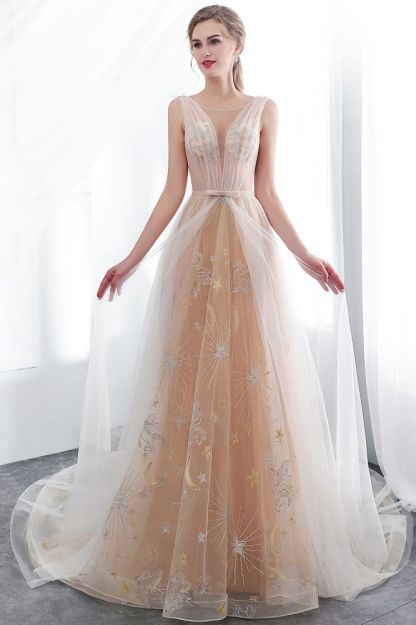 NANETTE | A-line Sleeveless Long Tulle Appliques Champangne Evening Dresses with Sash