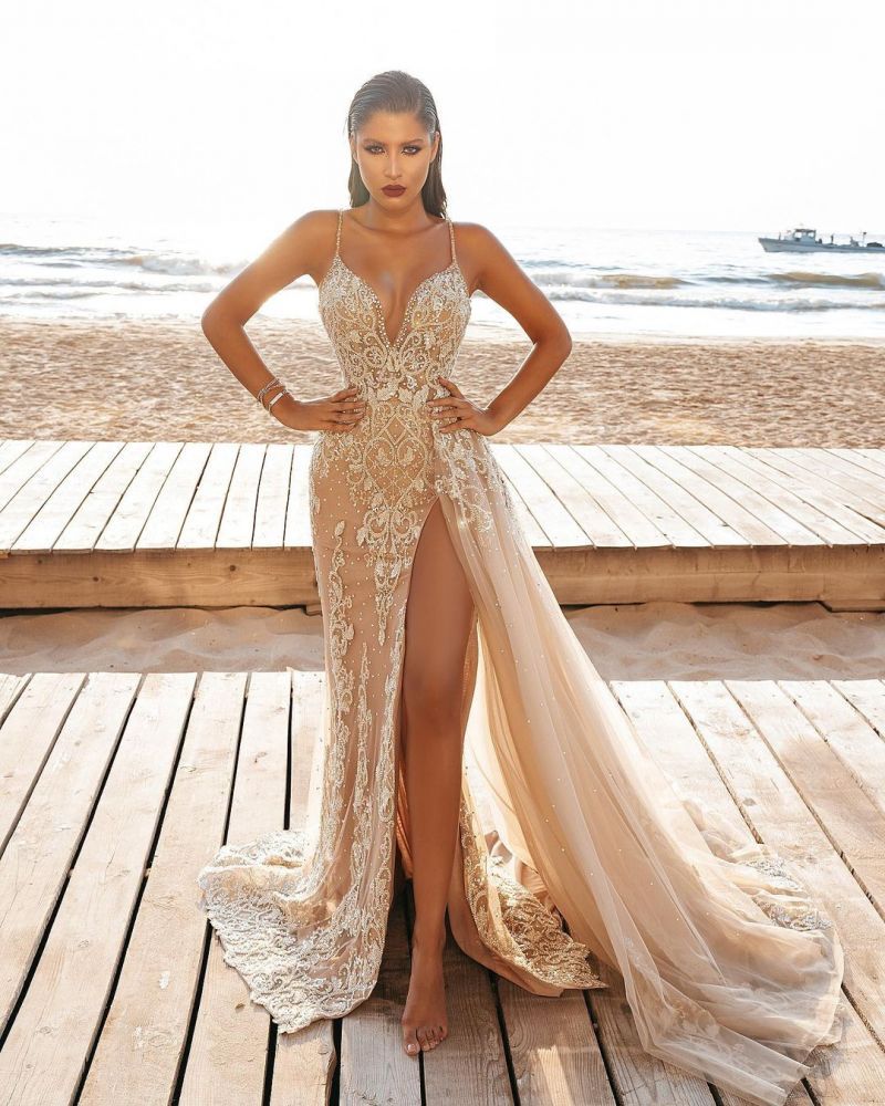 Sexy Spaghetti Side Split Tulle Beach Wedding Dress