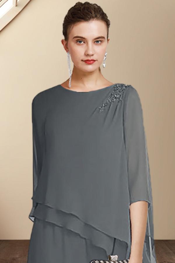 Elegant Jewel Neck Floor Length Chiffon 3/4 Length Sleeves Mother of Bride Jumpsuit with Appliques