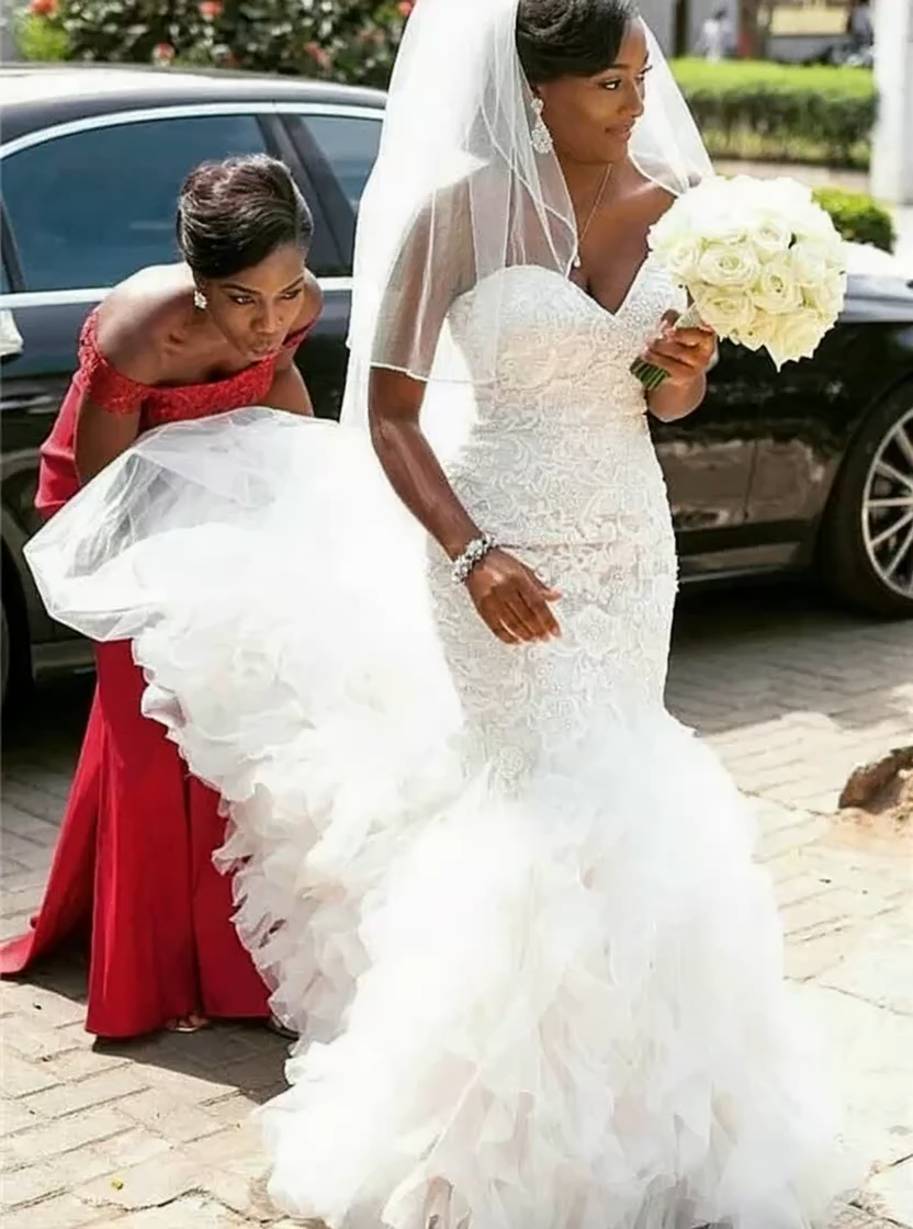 Sweetheart Mermaid Tulle Ruffles Wedding Dresses Online | Lace Wedding Gowns