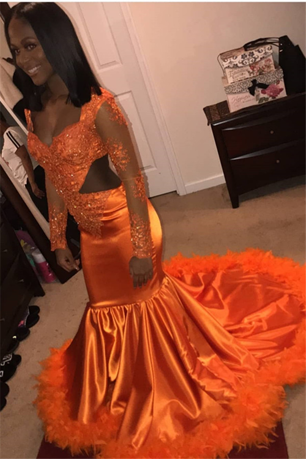 Chic V-Neck Long Sleeves Appliques Tulle Sequins Mermaid Floor-Length Prom Dresses