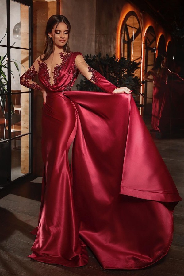 Sexy Burgundy V-Neck Satin Mermaid Prom Dress with Side Cape