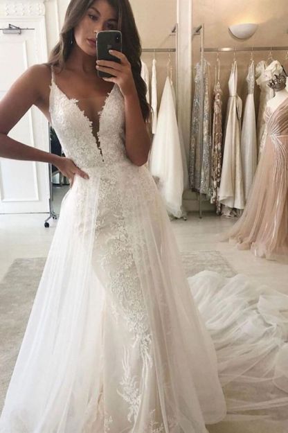 White/Ivory Mermaid Garden Bridal Gown Wedding Dress V-Neck Straps Detachable Train