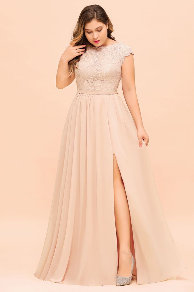 Plus Size Bridesmaid Dress with Side Slit Sleeveless Jewel Neck Chiffon Wedding Guest Dress
