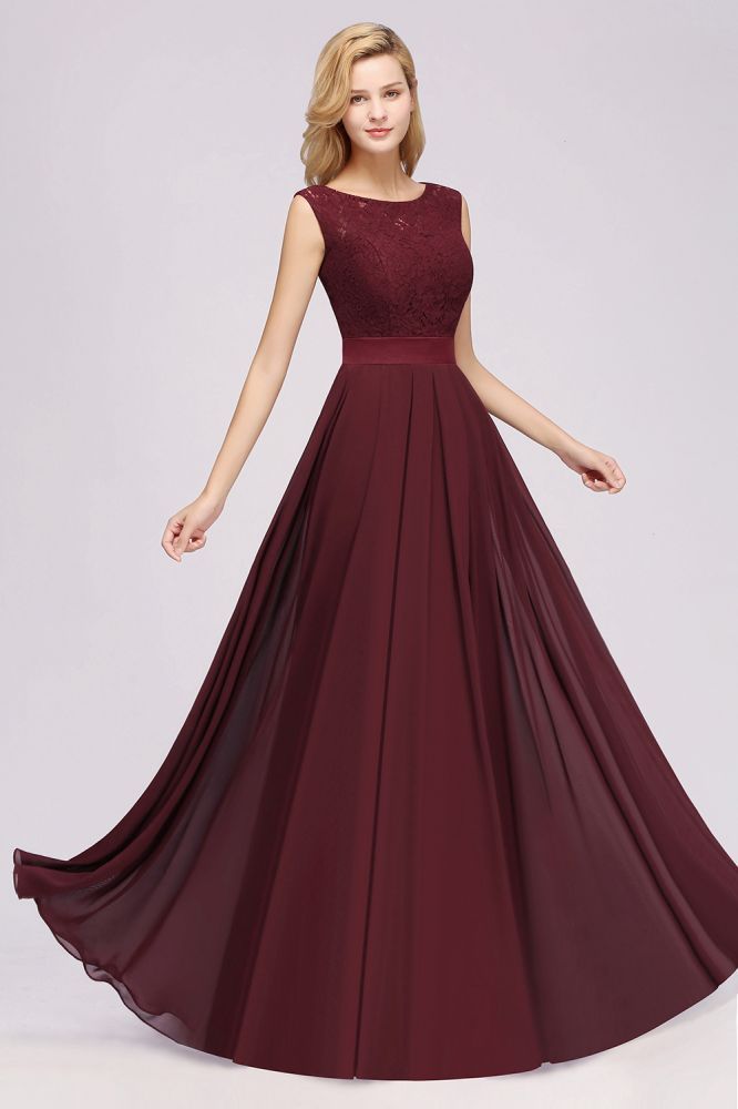 A-line Chiffon Lace Jewel Sleeveless Ruffles Floor-length Bridesmaid Dress