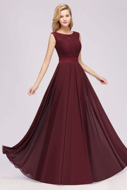A-line Chiffon Lace Jewel Sleeveless Ruffles Floor-length Bridesmaid Dress