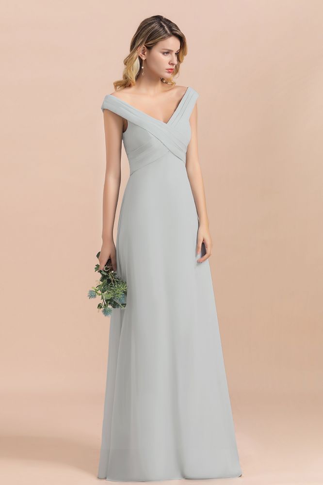 Off Shoulder V-Neck Silver Simple Wedding Dress Aling Floor Length Evening Dress