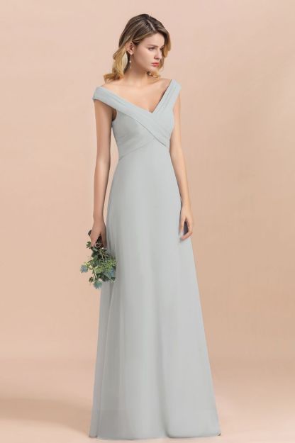 Off Shoulder V-Neck Silver Simple Wedding Dress Aling Floor Length Evening Dress