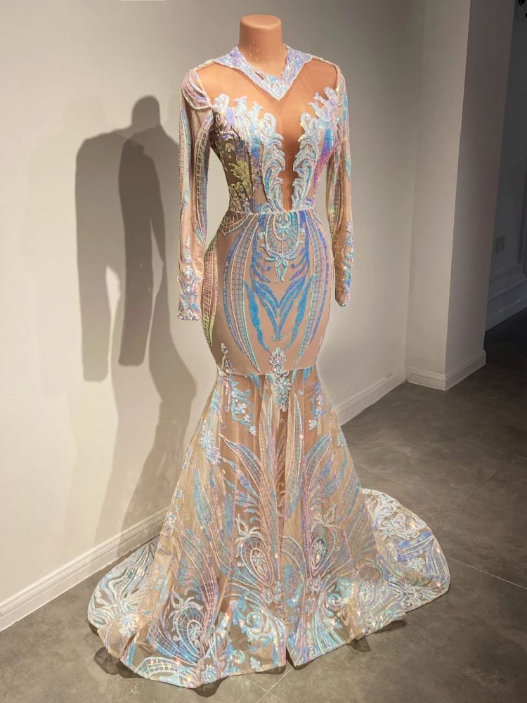 Sparkle sequined white mermaid long sleeves prom dress