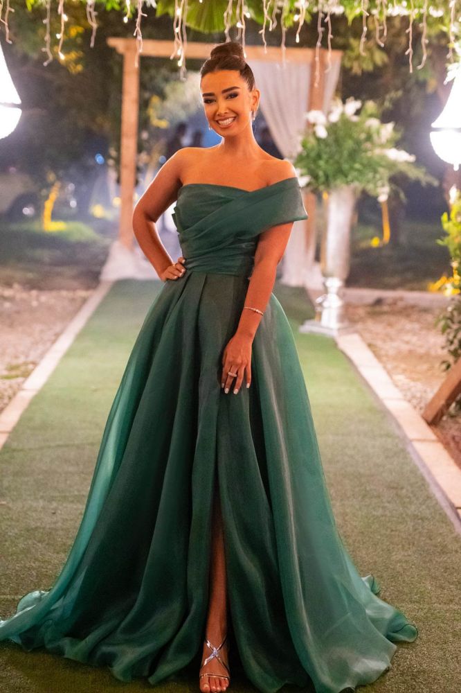 Dark Green Tulle Off the shoulder Tulle Prom Dresses