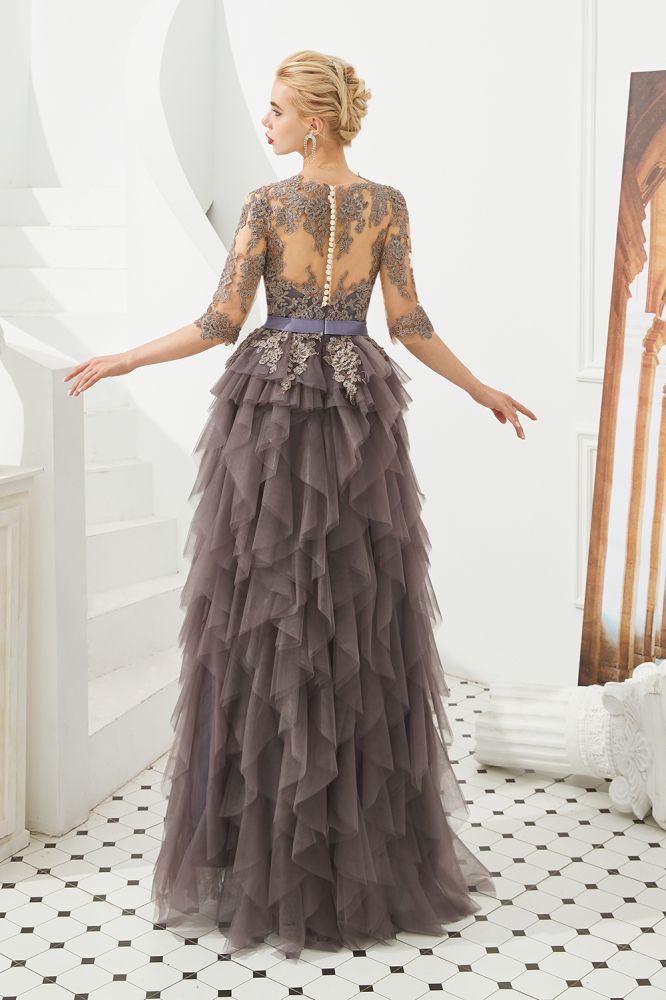 Modest Long Sleeve Gray Mother of the bride Dress with flowing Ruffles | Elegant Illusion neck Evening Dress-Babyonlinewholesale