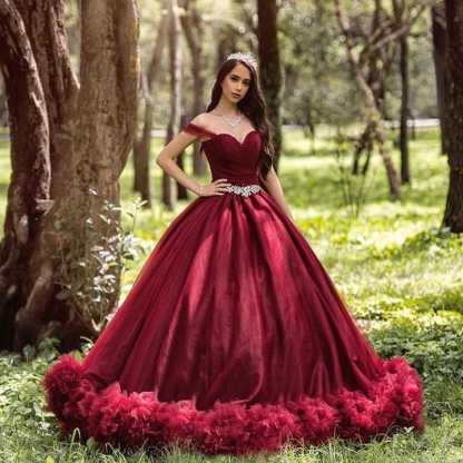 Burgundy Wedding Dress Princess A-line Velvet Off Shoulder Ball Gown