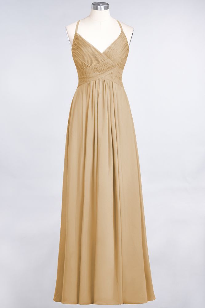 Chiffon A-Line Spaghetti-Straps V-Neck Sleeveless Long Bridesmaid Dress with Ruffles