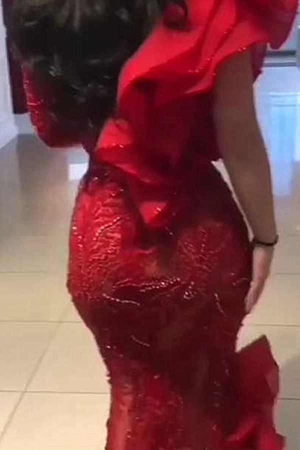 Burgundy One shoulder Mermaid Long sleeves Sexy Mermaid Evening Dress