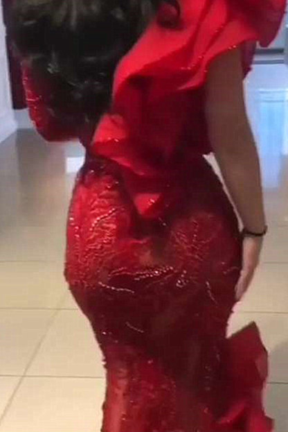 Burgundy One shoulder Mermaid Long sleeves Sexy Mermaid Evening Dress