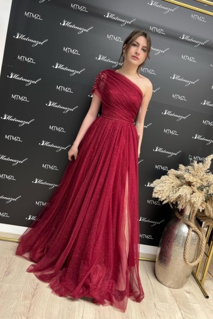 One shoulder burgundy high split tulle floor length prom dress