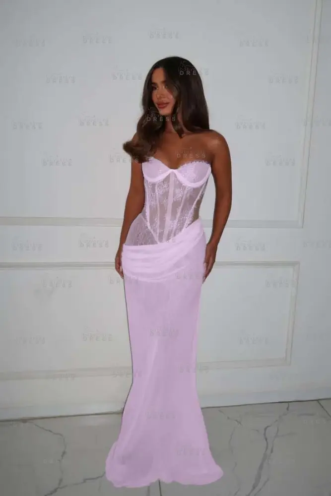 Strapless Sleeveless Long Mermaid Prom Dress With Lace Pleated