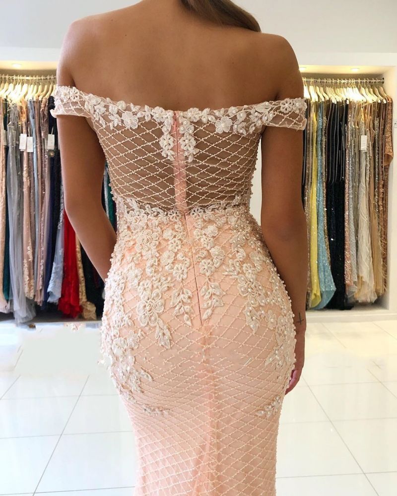 Off-the-shoulder Pink Lace Appliques Mermaid Evening Dress