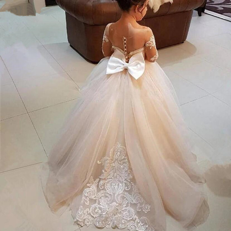 Lovely Princess Jewel Long Sleeves Long Flower Girl Dresses | Ivory Little Girls Peagant Dress with Bowknot