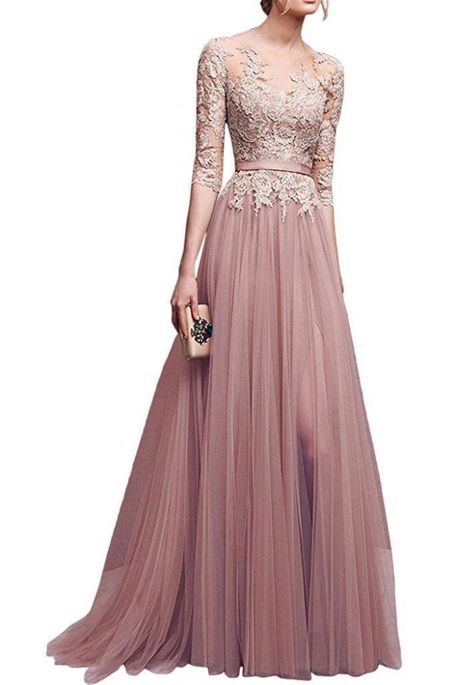 NANA | A-line Half Sleeves Floor Length Slit Appliqued Tulle Prom Dresses with Sash