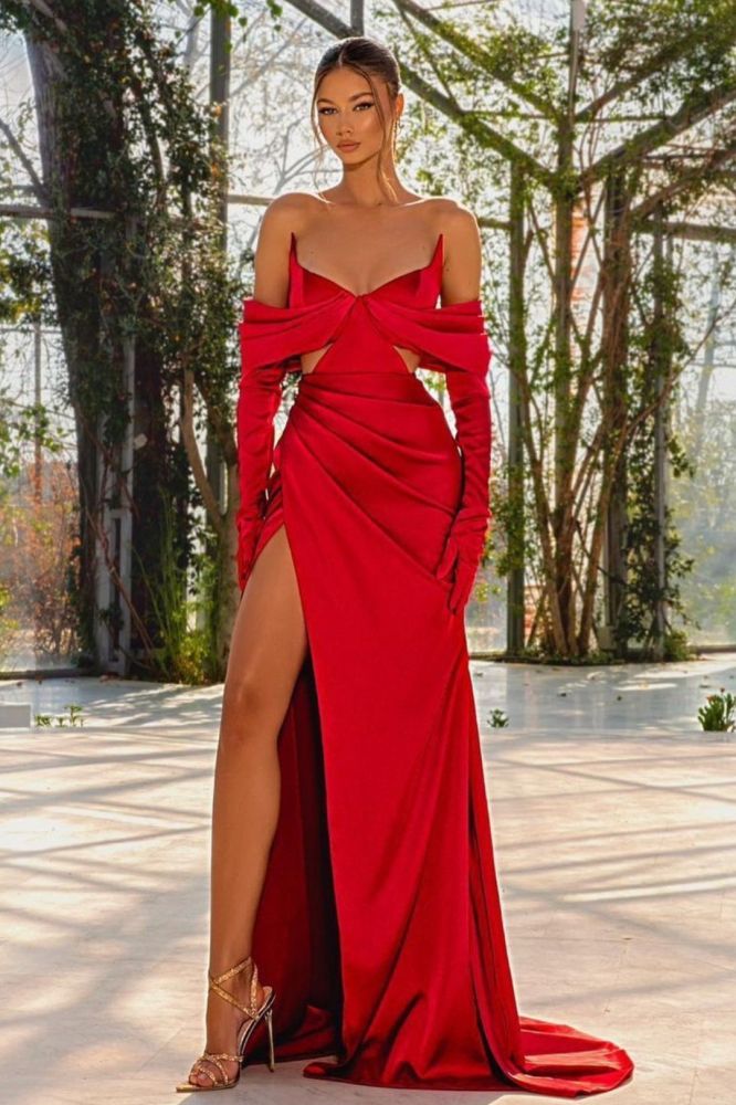 Straps Red High Split Satin Mermaid Evening Dresses