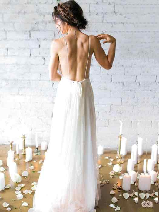 Spaghetti Straps V-neck A-line Wedding Dresses | Sexy Backless Floor Length Bridal Gowns