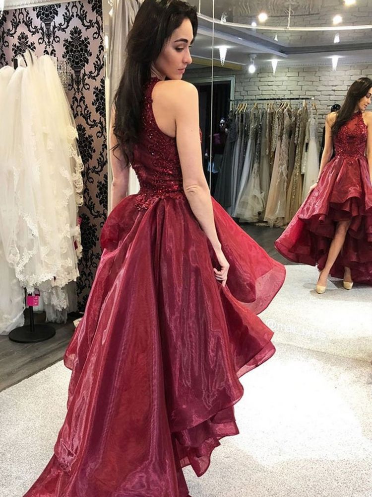 Burgundy Tulle lace hi-Lo Dancing Party Dress Homecoming Dress