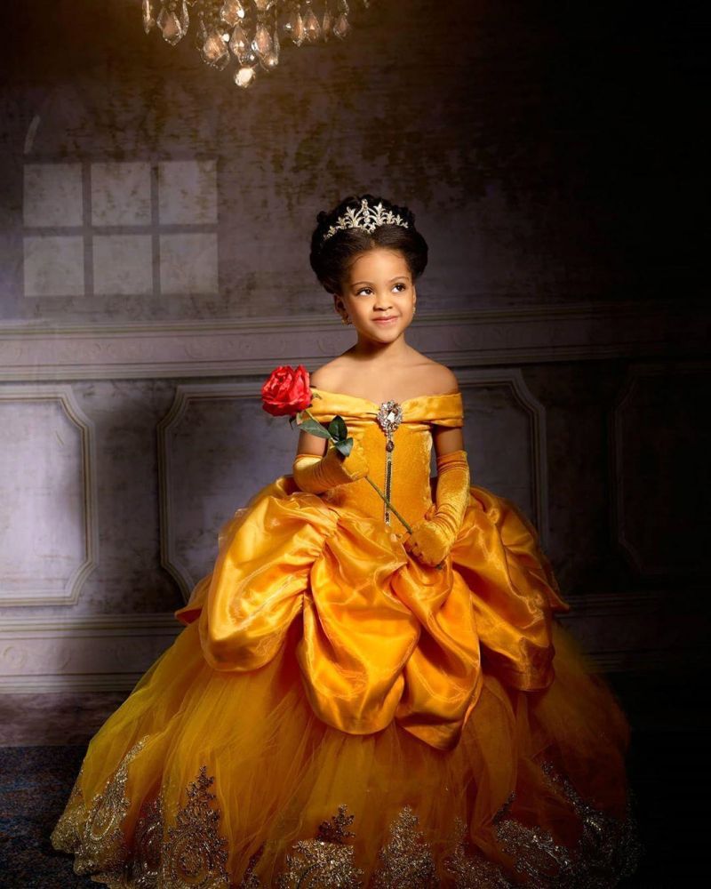 yellow Princess Girl Dress for Birthday Party Off-the-Shoulder Velvet Tulle Pageant Dress for Kids