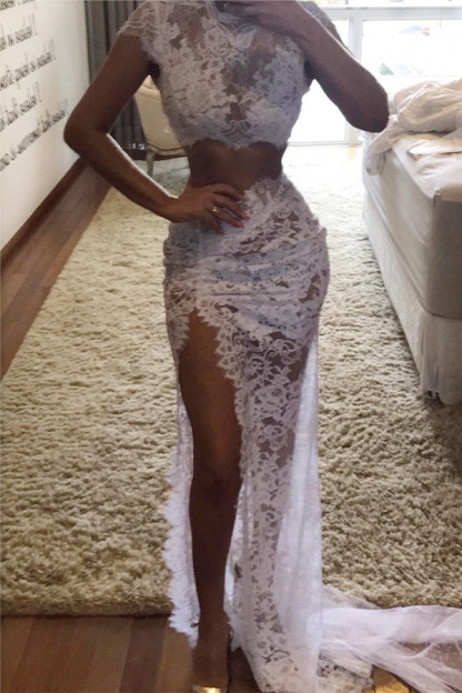 Two-pieces Lace Split Front Evening Dresses | Sexy Short Sleeves Gowns