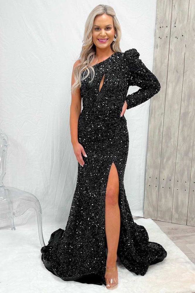 One shoulder Long sleeves Black High split Prom Dresses