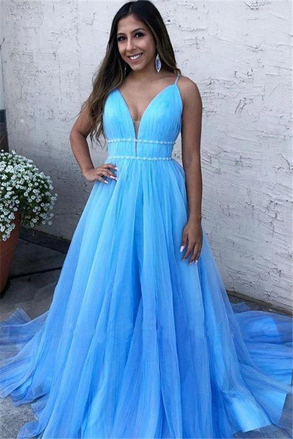 V-neck Light Blue Sleeveless A-line Princess Prom Dresses