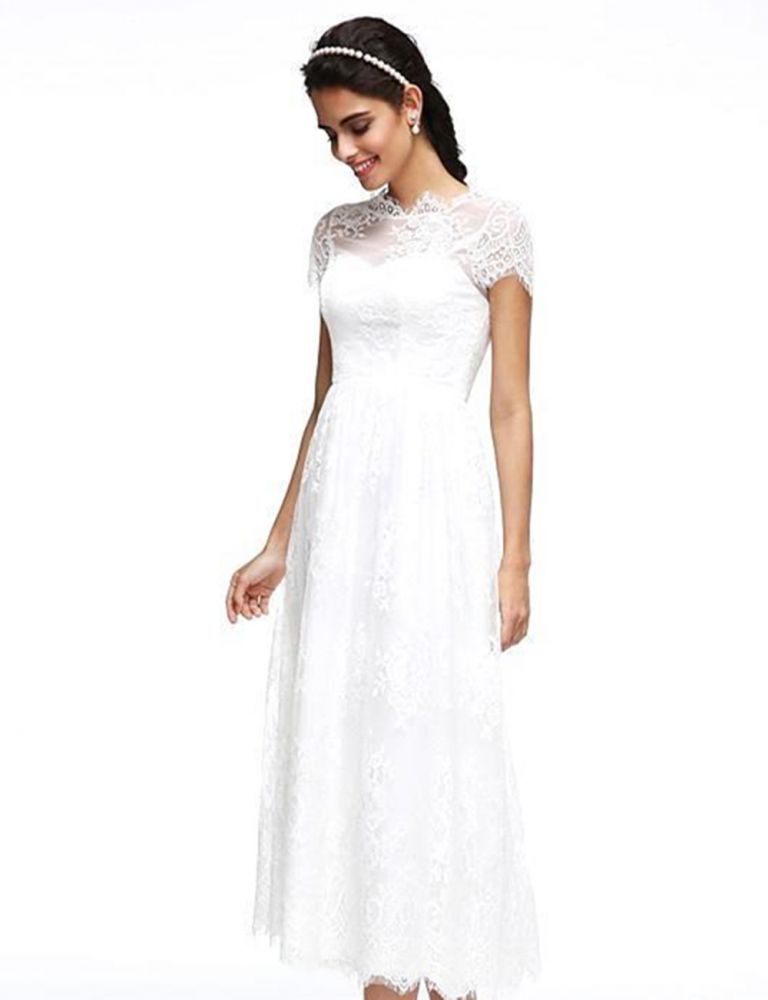 A-Line Wedding Dresses Jewel Neck Tea Length Lace Short Sleeve Simple Casual Illusion Backless