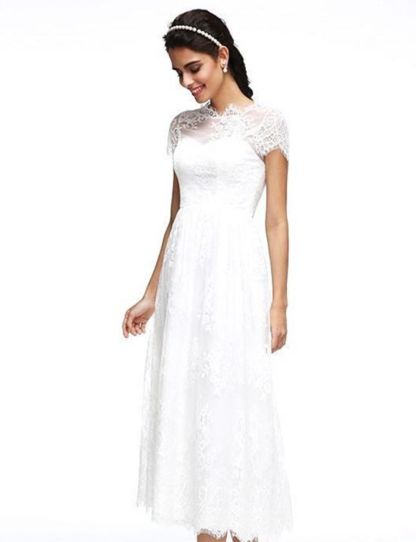 A-Line Wedding Dresses Jewel Neck Tea Length Lace Short Sleeve Simple Casual Illusion Backless