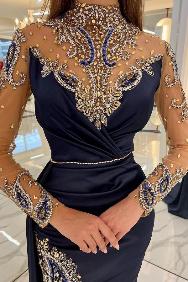 Amazing Halter Crystals Long Sleeves Long Evening Dress Side Split Satin Prom Dress