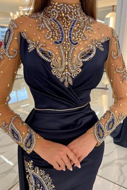 Amazing Halter Crystals Long Sleeves Long Evening Dress Side Split Satin Prom Dress