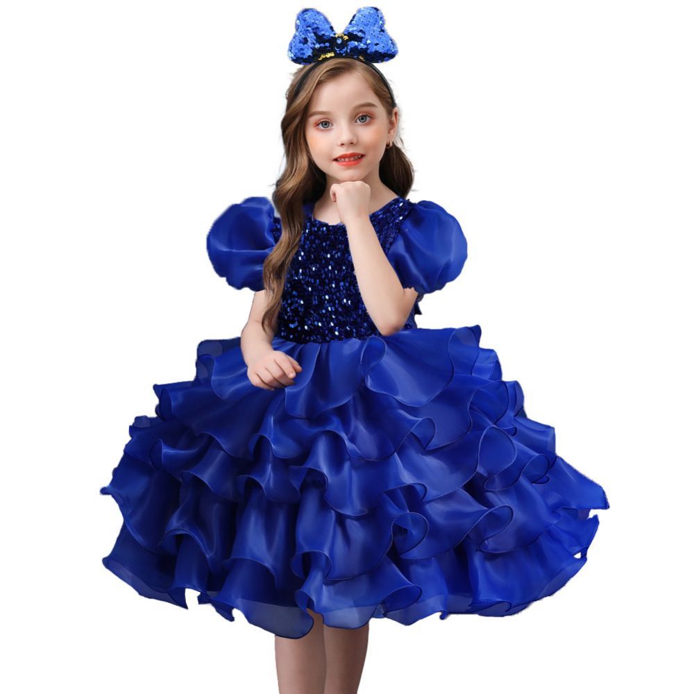 Navy blue cap sleeves ruffle luxury flower gril dress