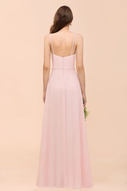 Spaghetti Straps Pink Chiffon Wedding Party Dress Sleeveless Long Bridesmaid Dress