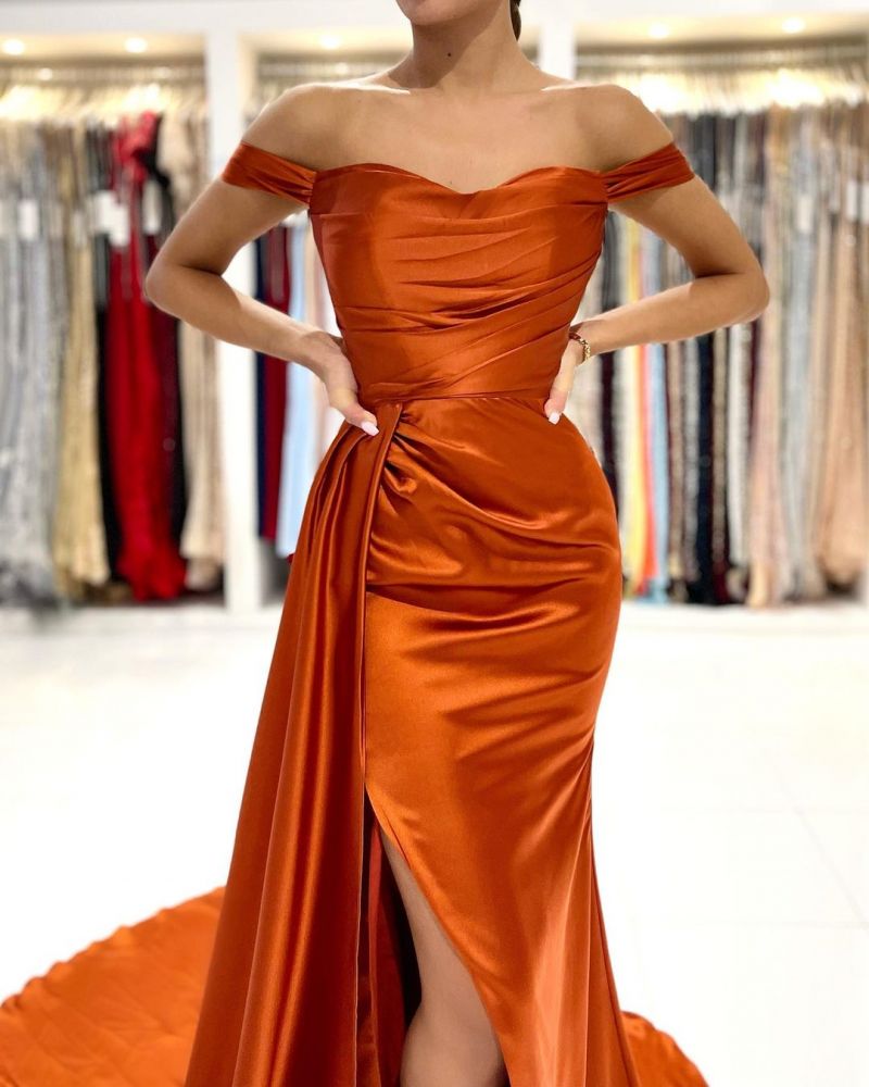 Stunning Stretch Satin Off Shoulder Evening Gown with Side Slit Detachable Train