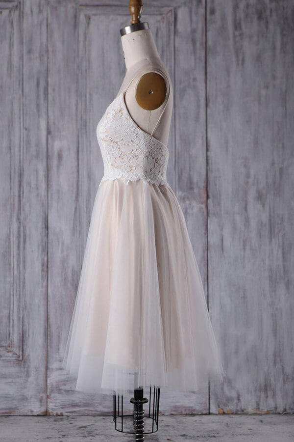 Short Sweetheart Lace Champange Wedding Dresses